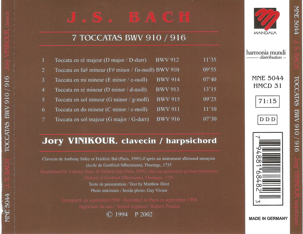 Bach Toccatas Bwv 910-916. (Jory Vinikour Harpsichord. Total Time: 71'15') (CD)